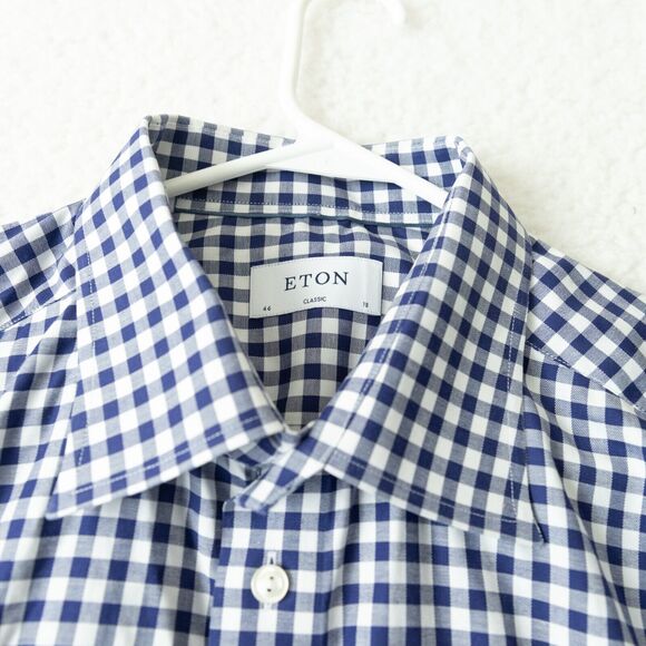 Eton Classic Blue and White Gingham Button Down Classic Fit Shirt Men's Sz 46 - Picture 4 of 16